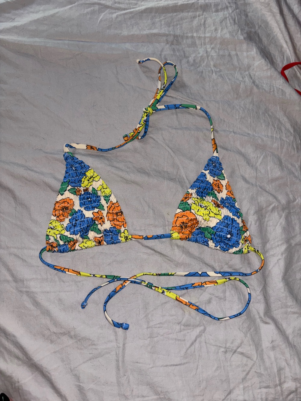 SHEIN Blue Orange Yellow Floral Smocked Triangle Bikini Top